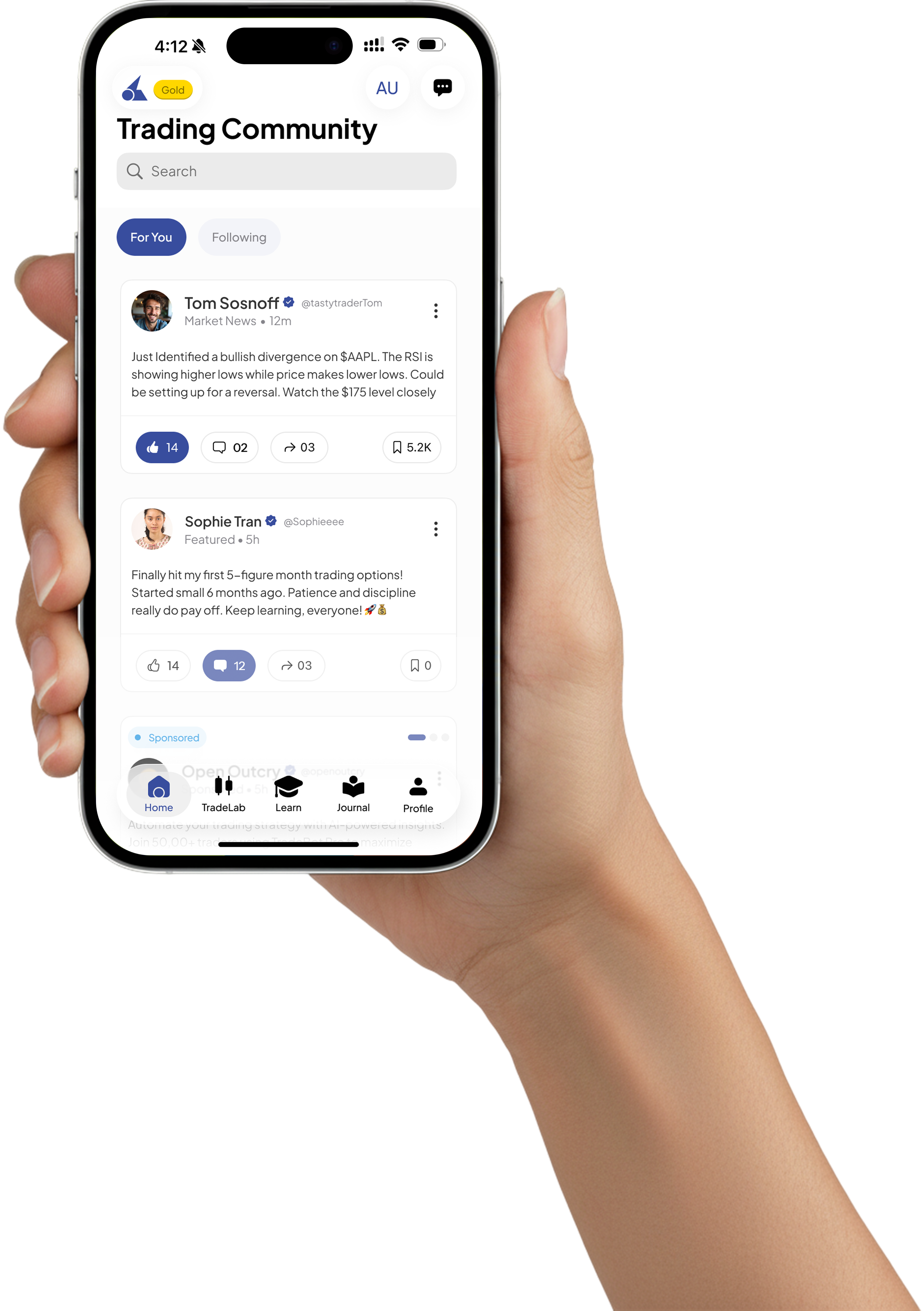 OptionsLab options trading community app showing TradeLab and community feed